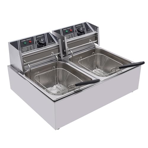 Freidora de acero inoxidable 12L, independiente, 3,2 kW, rango de temperatura de 140°F-392 F, 2 cestas para freír, apta para pollo, patatas fritas, ideal para restaurantes y comida rápida
