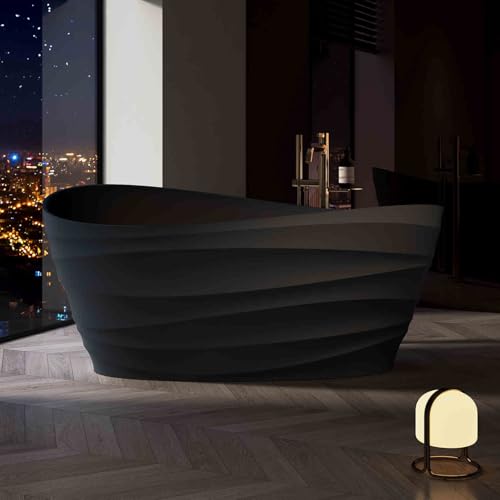 Luxury Modern Freestanding Bathtub – Oval Stone Resin Soaker Tub with Ergonomic Design, Non-Slip Surface & Drain for Contemporary Bathrooms (BLACK, 59"(L) x34"(W) x28"(H))