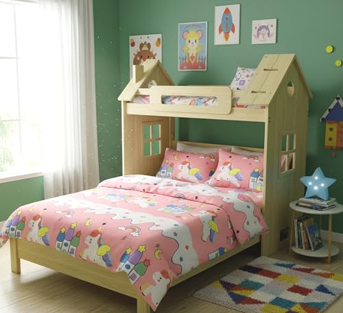 Image of Filymore Star Unicorn Double bedsheet for Girls Kid bedsheet for Queen Size Bed 240 TC Microfiber Soft Cartoon bedcover for Kids Room (90x90 Inches)(Peach and White)