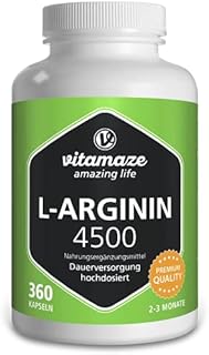 Vitamaze® L-Arginine High Strength 4500 mg, 360 Capsules of Pure L Arginine HCL- Muscle & Energy - Natural Supplement Without Additives, German Quality