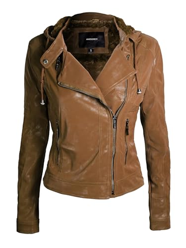 Awesome21 Women's Women's Classic Leather Moto Jacket with Furry Lining and Double Belt