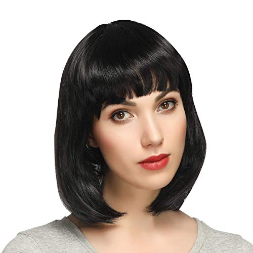 Black Bob Wig - 14 Inches Straight Short Bob Wig with Flat Bangs for Women, Synthetic Cosplay Wig, Natural as Real Hair with Wig Cap, Black