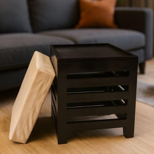 Image of Wooden Ottoman Stool with Cushioned Seat | Modern Square Footrest Pouffe for Living Room Bedroom | Solid Wood Accent Stool for Home Decor Seating (Black, 12 By 12 Inches)