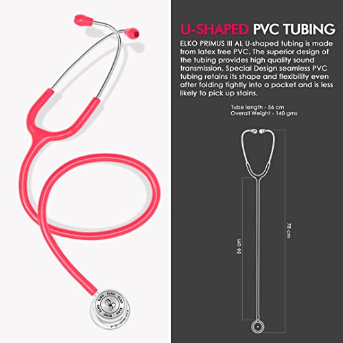 Image of ELKO EL-160 Primus III AL Aluminum Head Stethoscope For Doctors and Medical Students | Double Sided Chest Piece For Adult & Pediatric Patients | U-Shaped PVC Tubing | Soft Sealing Ear Knobs (Pink)