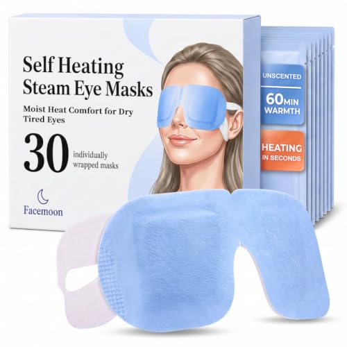 FACEMOON 30 Pack Self-Heating Steam Eye Masks for Dry Eyes: Moist Heat Warm Compress for Stye Fast Relief & Digital Eye Strain, Disposable Heated Eye Mask, No Microwave Needed, Unscented Travel Ready