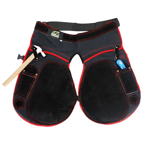 Image of Equine Care Farrier Apron Chaps - 2mm Cowhide Suede Leather, 500 GSM Canvas, 23 inch Length, Adjustable Waist (28-52 inch), Ambidextrous Knife Pockets, Magnets & Loops - Horseshoeing & Hoof Trimming.
