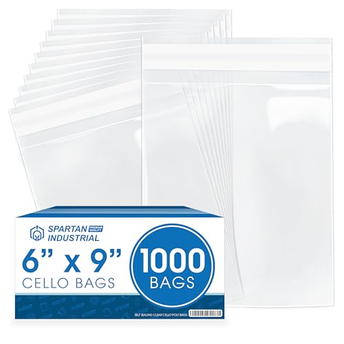 Spartan Industrial - 6' X 9' (1000 Count) Resealable Adhesive Crystal Clear Cello Poly Bags for Packaging, T Shirts, and More - Self Seal & Reinforced