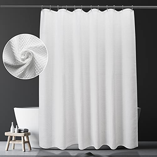Image of AmazerBath White Shower Curtain Fabric, Waffle Shower Curtain Polyester, Luxury Cloth Shower Curtains for Bathroom, Hotel Quality, Machine Washable, Heavy Duty, 72 x 72 Inches (Matte White)