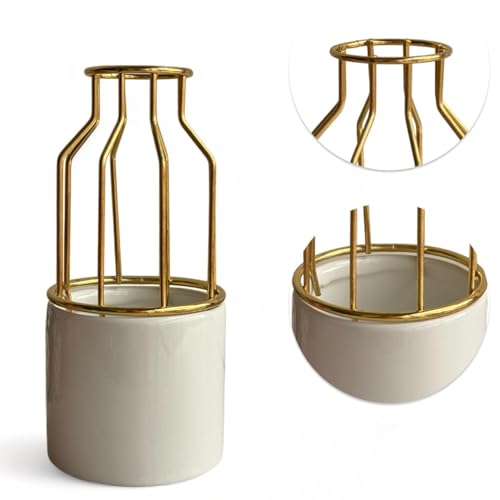 Image of Art Street Ceramic Vase with Gold Metal Finish | White Flower Pot for Home | Living Room, Bedroom and Office Decor | Vase for Gift | Size (7x3 Inch)