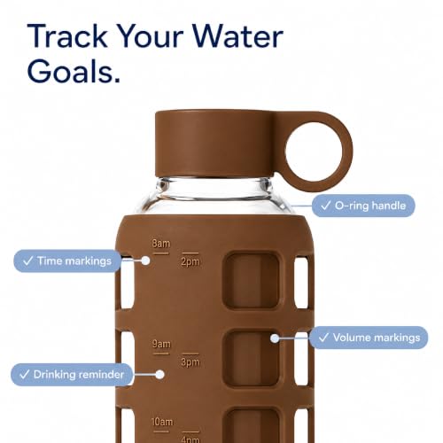 Image of purifyou 40oz / 32oz / 22oz / 12oz Borosilicate Glass Water Bottle with Time & Volume Markers, Silicone Sleeve, Stainless Steel Lid - Reusable Glass Bottle for Water & Juice (32oz Earth Brown)