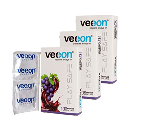 Image of Veeon Always Condoms for Mens Sex- Ultra Thin Condom for Women with Extra Time Sex, Long Lasting Pleasure Kondom- Suitable for use with Lubes & Toys, Black Grapes Flavoured (Set of 3, 30 condoms)