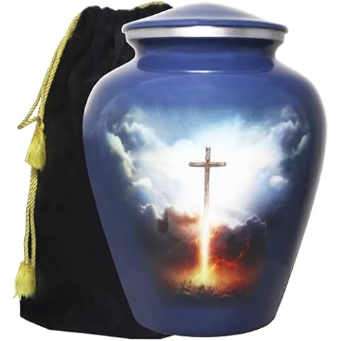 M MEILINXU Crosses Urns for Human Ashes Adult Man or Women, Cremation Urn for Ashes Adult Male or Female, Religion Urn, Funeral Decorative Urn for Burial, Religious Urns, Cross Urn, Grey Blue - Large Cover