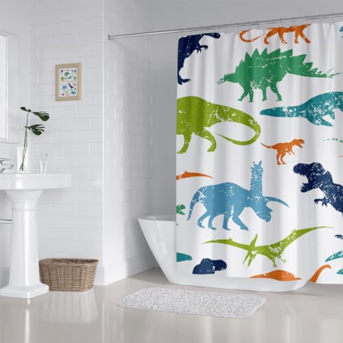 Image of Dinosaur Shower Curtain Colorful Kid Cartoon Jurassic Children Dino Elasmosaurs Themed Bath Curtain Waterproof Fabric Bathroom Decor 72x72 Inch Plastic Hooks 12 PCS
