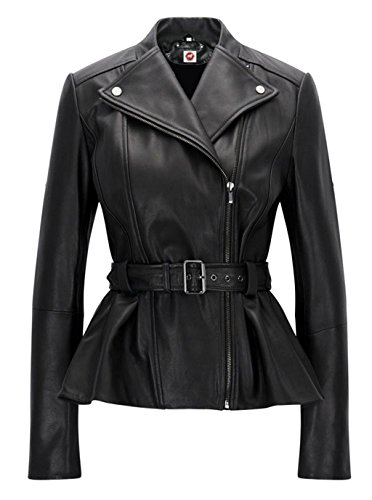 Belle Black Blazar Trench Coat Belted Peplum Real Leather Jacket Women