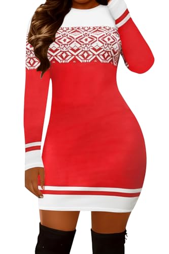 ETCYY NEW Christmas Dresses for Women 2025 Long Sleeve Bodycon Mini Dress Fall Winter Holiday Party Clothes Redwhite