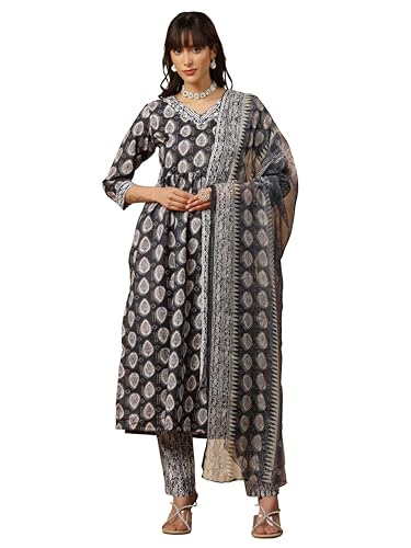 Image of TADKEE Women's Anarkali Printed V-Neck Kurta with Pant & Dupatta | 3 /4 Sleeve | Kurta Set for Women | Ethnic Set for Women | Dupatta Set |Suit Set