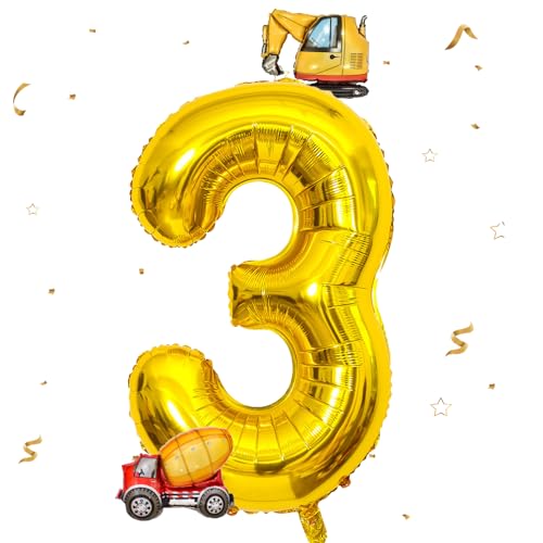 DazzJoy Bagger Luftballon 3. Geburtstag,40 Zoll Gold Zahlenballon 3 mit...