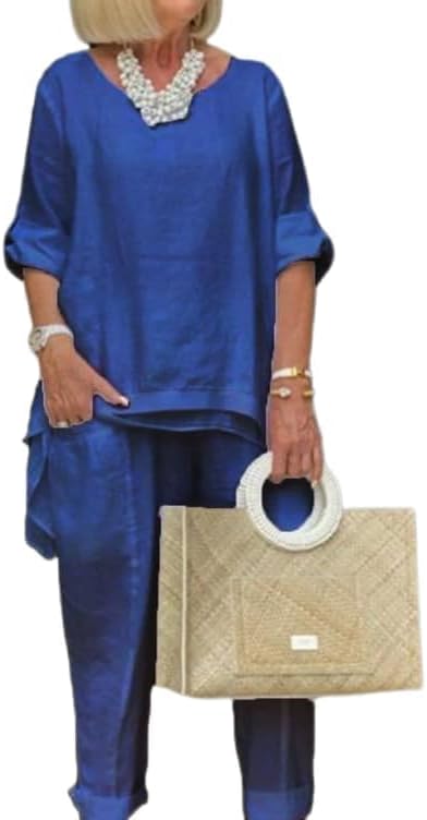 MARSVOVO Womens Plus Size Two Piece Suit Set Solid Summer Fall Soft Loose Crewneck Half Sleeve Casual Pant Suit with Pockets