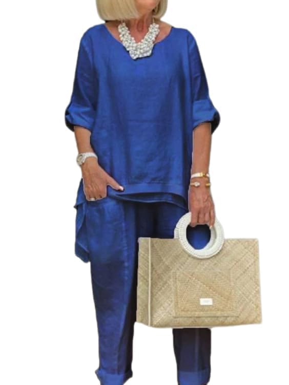 Bengbobar Two Piece Suit Set for Women Plus Size Solid Summer Fall Loose Half Sleeve Crewneck Casual Pant Suit with Pockets