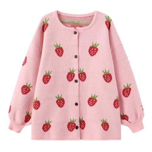 Women's Kawaii Strawberry Knit Oversized Sweater Cute Cardigan Open Front