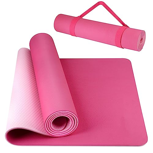 183 x 61CM Tapete de Yoga Antideslizante, Tapete para Ejercicio de Material TPE Ecológico, Portátil Esterilla para Yoga de 6mm Grosor, Tapete de Pilates Antiderrapante Grueso Mat de Gimnasio(Rosa)