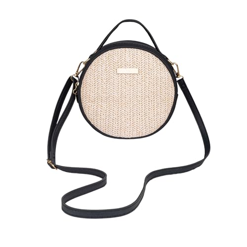 Bolso circular de ratán tejido para mujer, bolso de paja natural con asas de cuero sintético, ligero, ideal para verano, bandolera o tote miniatura 1