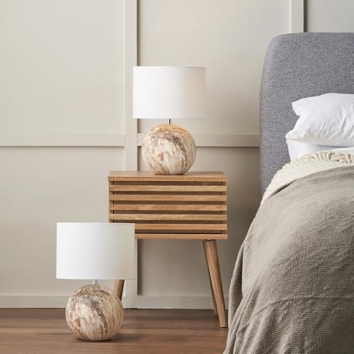 Image of Pacific Lifestyle Set of 2 Viejo Stone Effect Ceramic Table Lamp | Pair of Round Natural Bedside Table Lamps | Duo of Small Scandi Accent Lights for Living Room (Brown)