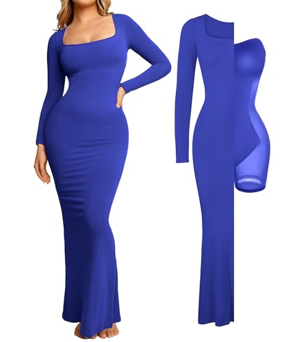 Image of Popilush Long Sleeve Formal Dress with Built in Shapewear Bra Maxi Dress | Light Tummy Control, Square Neck, Floor Length, Removable Cups, Wedding Guest Evening Bodycon Dress