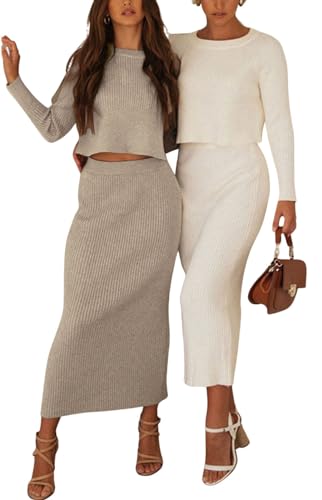 Image of CHARTOU Women Two Piece Sweater Skirt Set Outfits Knit Sweater Top Pullover Knitted Slit Bodycon Pencil Skirt (One Size, White)