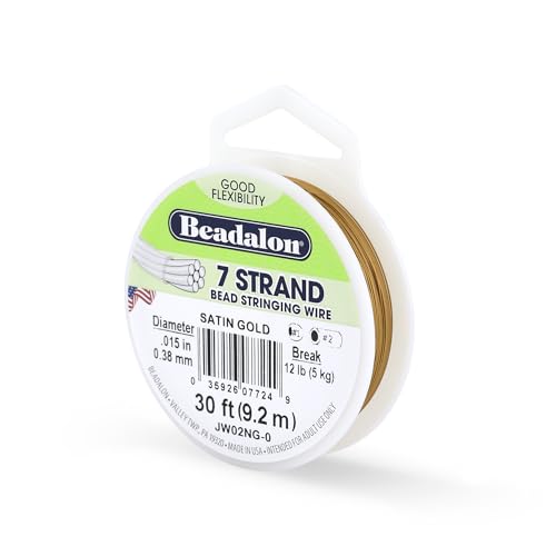 Beadalon 7-Strand Stainless Steel Beading Wire Flexible & Durable Wire for Jewelry Making Ideal for Necklaces & Bracelets Nylon Coated Seed Bead Stringing Wire 30 ft .015 in / 0.38 mm - Satin Gold
