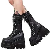 Winterstiefel Damen Winterschuhe Kurzschaft Schnürstiefel Gothic Vintage Stiefeletten Schuhe Plateau Stiefel Reißverschluss Chunky Heel Schuhe