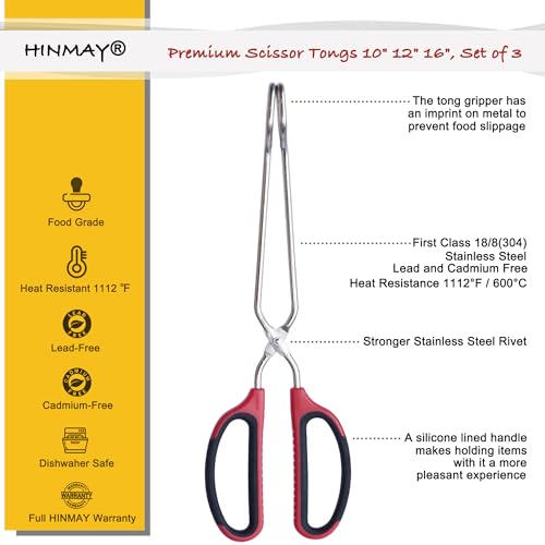 Stainless Steel Kitchen Scissor Tongs Set for Cooking, Grilling & Serving, 3-Piece with Red Handle (10/12/16 Inch) - Image 3