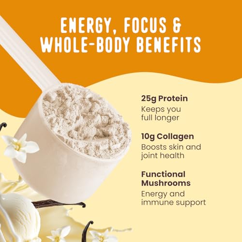 Image of FlavCity Vanilla All in One Protein Shake Powder - On the Go Meal Alternative + Collagen Peptides, Reishi & Cordyceps - Focus, Skin, Hair & Joint Support - 100% Grass Fed Whey, 20 Servings