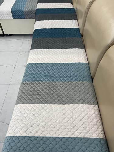 Image of Aqua Stripes Quilted Velvet Sofa Cover 1 Seater Soothing Aqua Palette - Durable Daily Use - Made in India - Premium Touch - Pet and Child Friendly - Indian Size Fit - Easy Maintenance