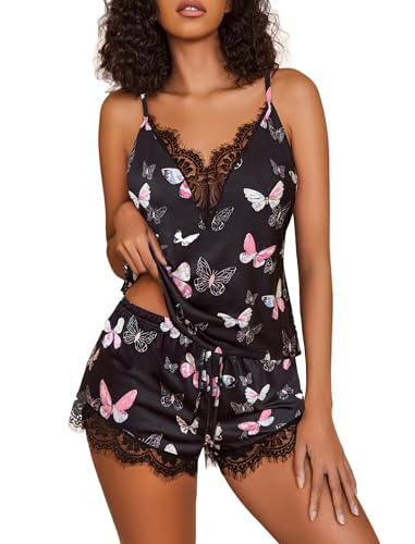 Image of Avidlove Women Pajama Set Lace Trim Short PJ Set Modal V Neck Sleeveless Sleepwear Drawstring Waist Nightwear S-XXL