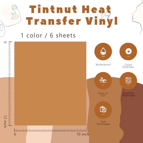 Image of Tintnut Tuscany Color Heat Transfer Vinyl,6 Pcs 12x10in Iron on Vinyl | Skin Tone PU HTV Sheets,easy cut & weed,stretch washable,works with iron & heat press for fabric crafts