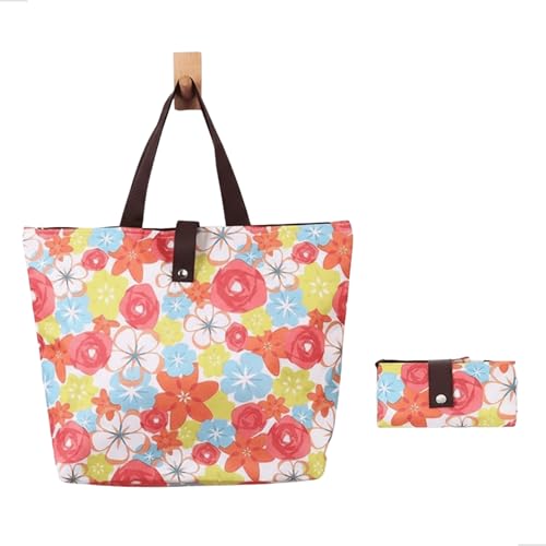Ecobag Dobrável com Zíper Bolsa de Compras Reutilizável para Feira Supermercado e Praia 45,5x32x12 cm Tecido Oxford (Floral Laranja)