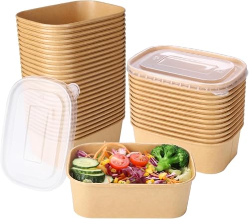 50 Pack 750ml Kraft Paper Food Containers with Lids Rectangular Takeaway Salad Bowls Leakproof Meal Prep Boxes for Lunch Picnic Party