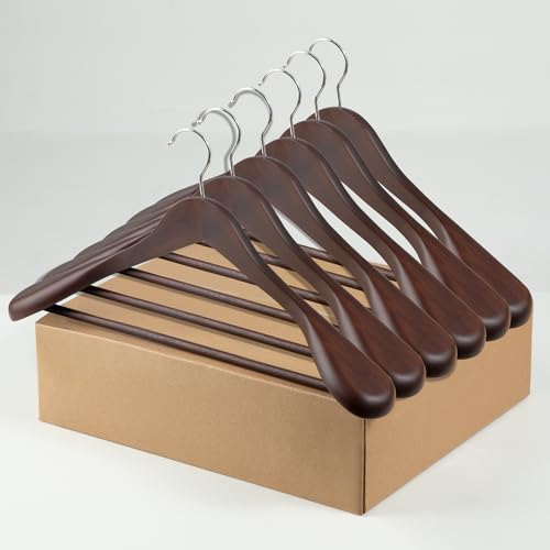 ELONG HOME Coat Hanger, 6 Pack Heavy Duty Wooden Hangers with Extra Wide Shoulder, 17.5' Luxury Suit Hanger for Closet, Walnut with 360 Swivel Hook & Strong Pant Bar