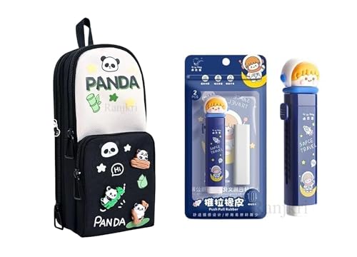 Image of Purple Stationery Combo Set for Girls | Kawaii Pencil Case Pouch with Zipper & Push Pull Eraser with Refills | Back to School Supplies Gift for Kids (HT BW Panda + Eraser)