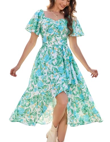 Image of Bridesmay Women's Floral Midi Dress Short Sleeve Summer Casual Dress Flowy Beach Wedding Guest Square Neck Sundress