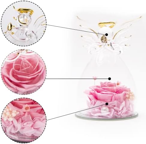 Angel Forever Pink Rose Flower Ornament In Glass Dome,Beauty And The Beast Real Preserved Eternal Rose For Girlfriend,Love Box Gift On Valentine Mother'S Day Anniversary Wedding Christmas Birthday