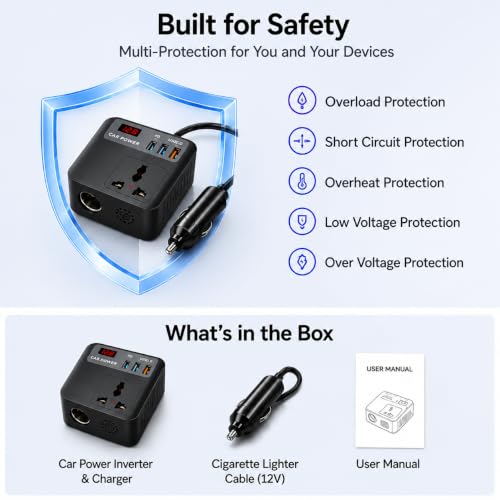 Image of 200W Car Power Inverter, 12V DC to 220V AC Converter with 2 AC Universal Outlets, 30W PD USB-C & Dual USB QC3.0 Fast Charging, Car Laptop Charger for Mobile, Laptop, Tablet & Electronics