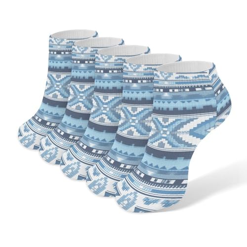 Blue And White Pattern Ankle Socks 5-Pack, Breathable Casual Athletic Socks for Women Men, One Size (6-11)