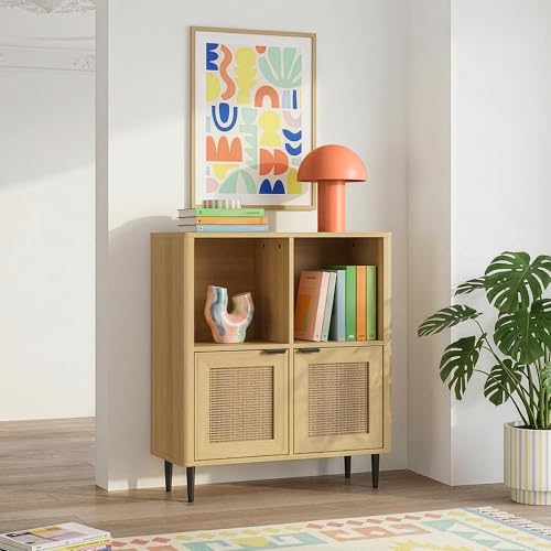 [en.casa] Aparador para Salón Lukhomso Aparador Multiusos con 2 Compartimentos Abiertos y 2 Cerrados Mueble Auxiliar para Comedor Sala Oficina 85 x 75 x 30 cm - Efecto Roble/Efecto ratán