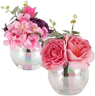 Artificial Flowers in Vase, Set of 2 Faux Silk Flowers in Vase with Faux Water, Fake Pink Rose Peony Hydrangea Flowers Arrangements with Glass Vase for Home Indoor Centerpiece Table Wedding Decoration
