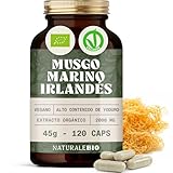 NaturaleBio Musgo Marino Irlandés Orgánico 120 Cápsulas. 2000 mg. Extracto 100% Vegano (20:1). Suministro para 2 meses. Alto contenido en yodo. Con pimienta negra para una mejor absorción.