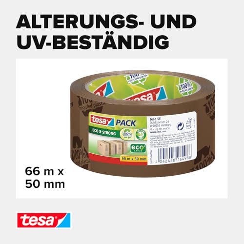 tesa tesapack Eco & Strong - Umweltschonendes Paketband aus 100% recyceltem Kunststoff, UV- und alterungsbeständig - Braun bedruckt - 66 m x 50 mm