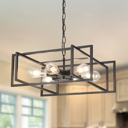 Febeleven 19.7" Matte Black Industrial Pendant Light, Hight Adjustable, 6-Lights