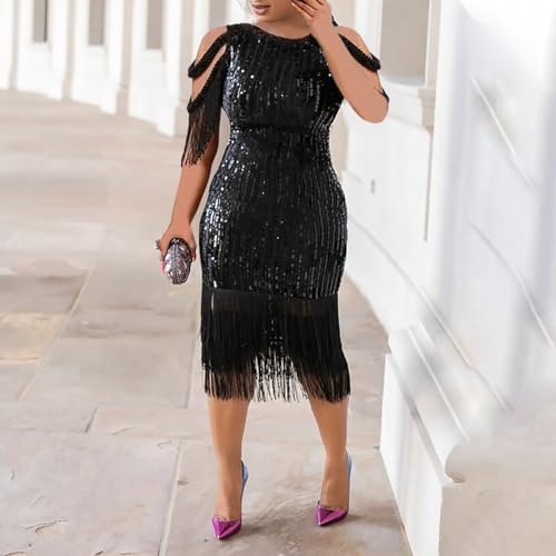Image of Cololura Sexy Elegant Women Sequin Long Sleeve Tassel Bodycon Midi Dress Party Evening Gown Formal Dress